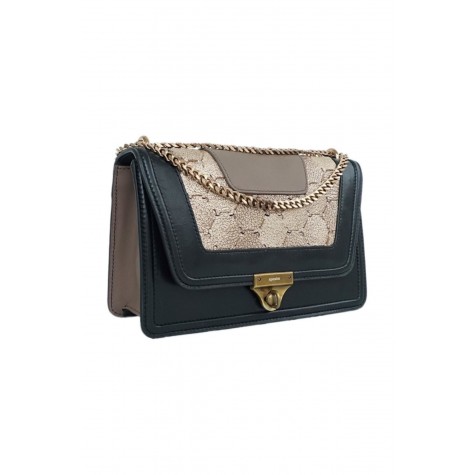 Black Gold Shoulder Bag With Genuine Leather Chain Handle